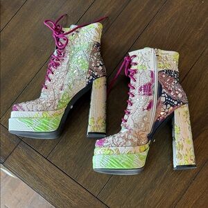 Azalea Wang Platform Embellished Lace Up & Zipper Boots
